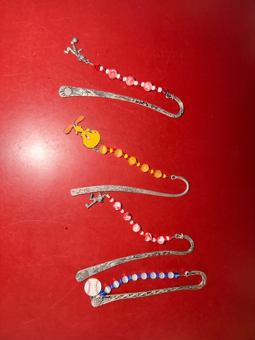 Handmade Red and Orange Beaded Bookmark with Silver-Tone Accent